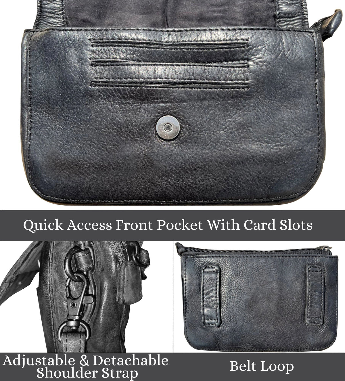 Leather Wallet Travel Purse Waist Bag for Women, Black