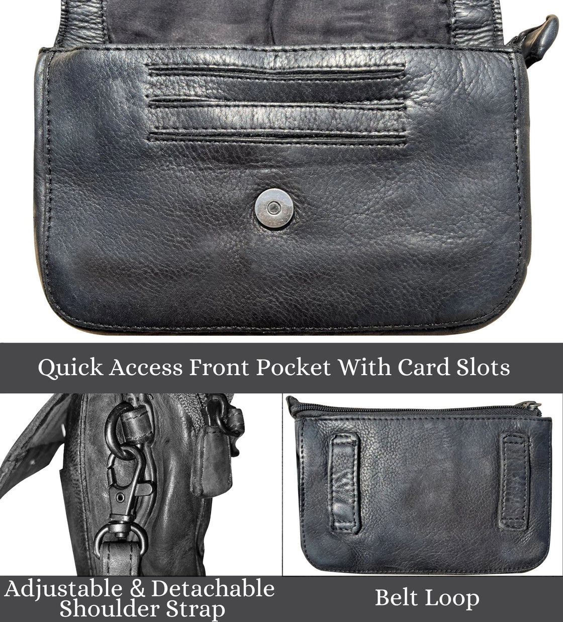 Leather Wallet Travel Purse Waist Bag for Women, Black