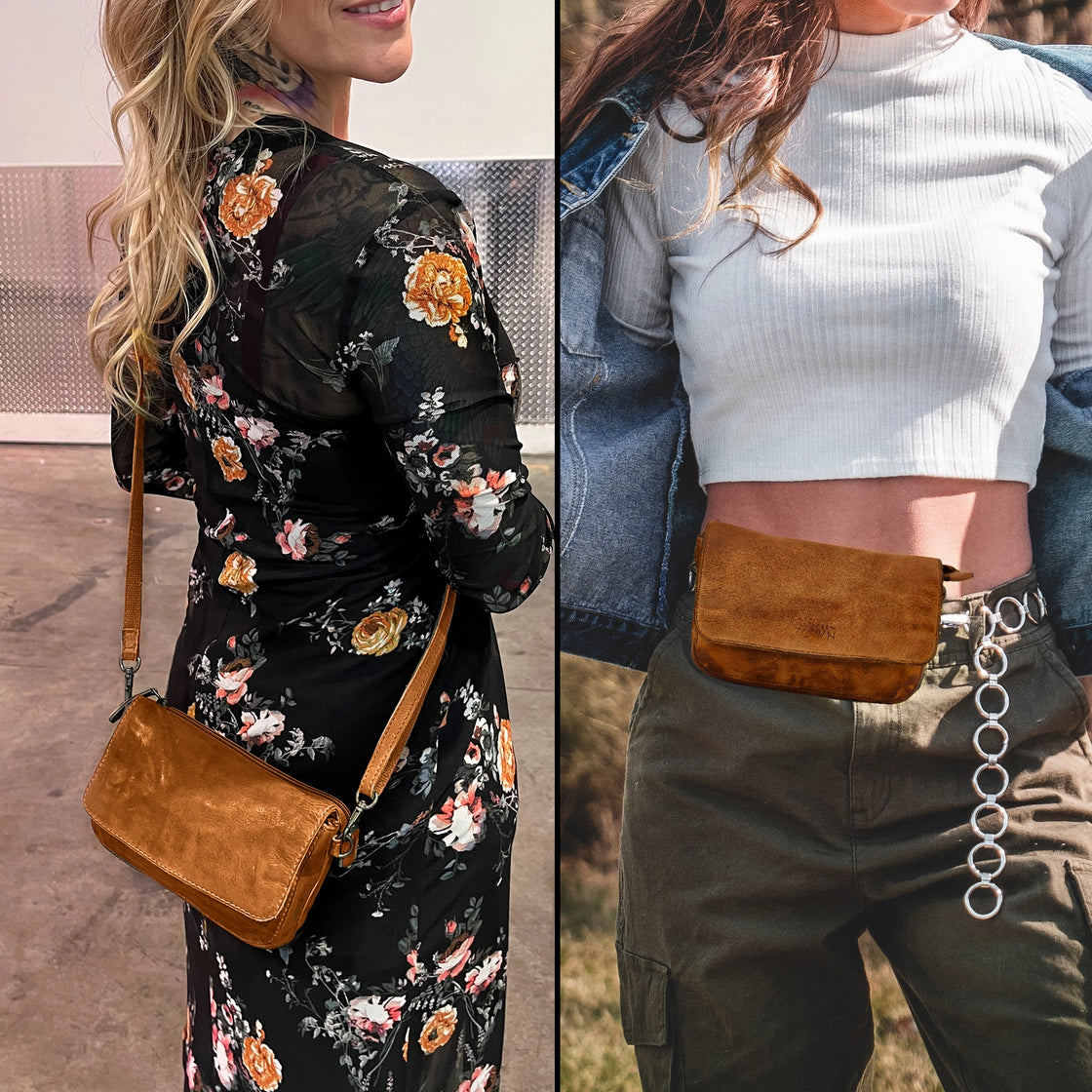 Leather Wallet Travel Purse Waist Bag for Women, Cognac