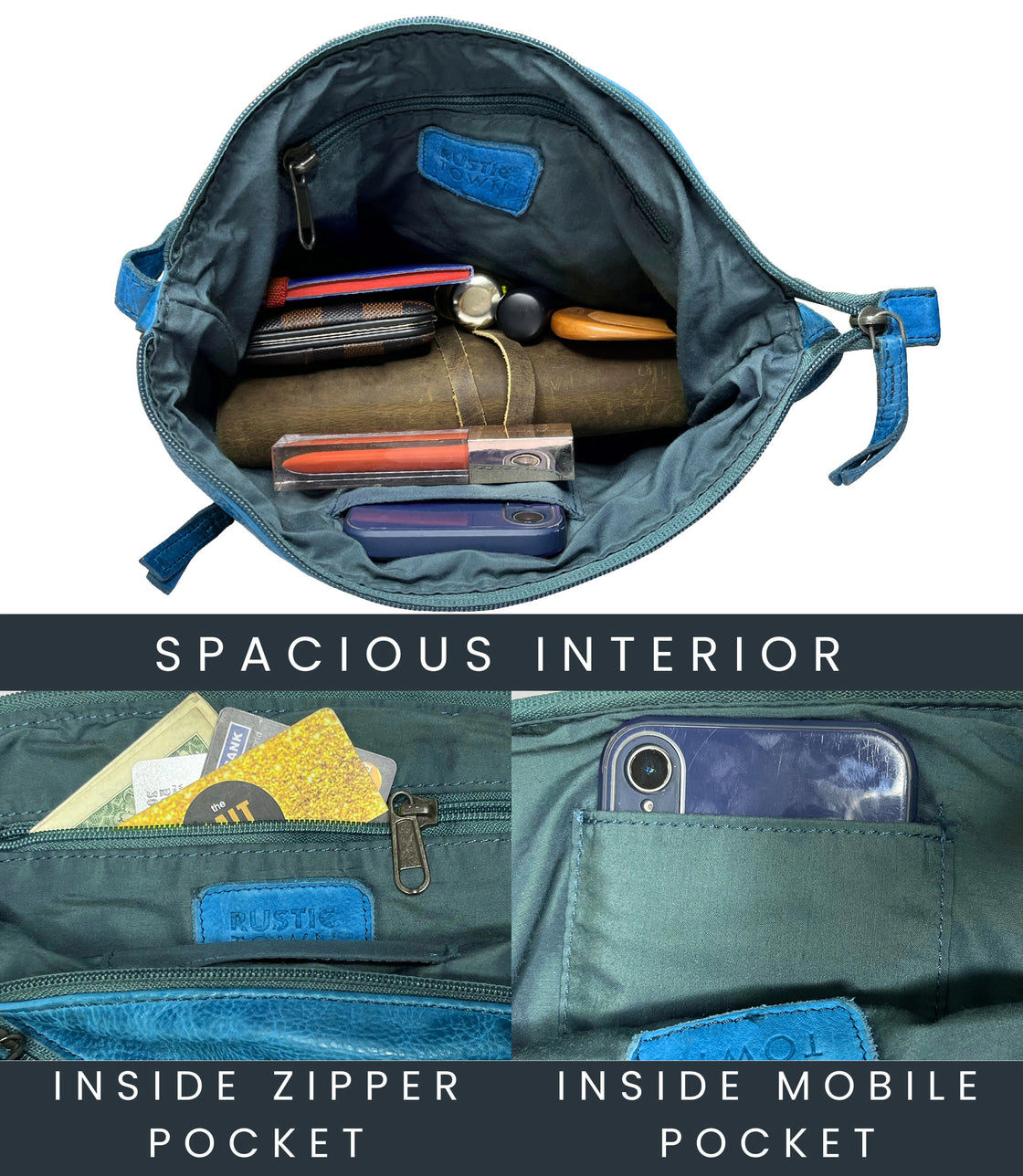 Leather Sling Bag for Women, Petrol Blue