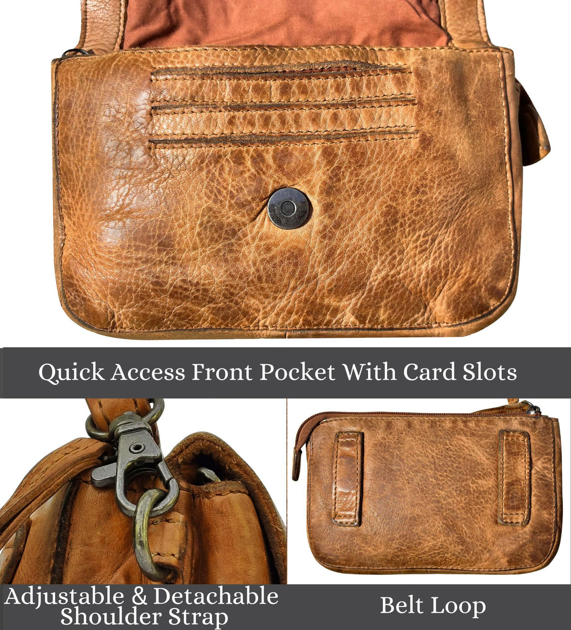 Leather Wallet Travel Purse Waist Bag for Women, Cognac