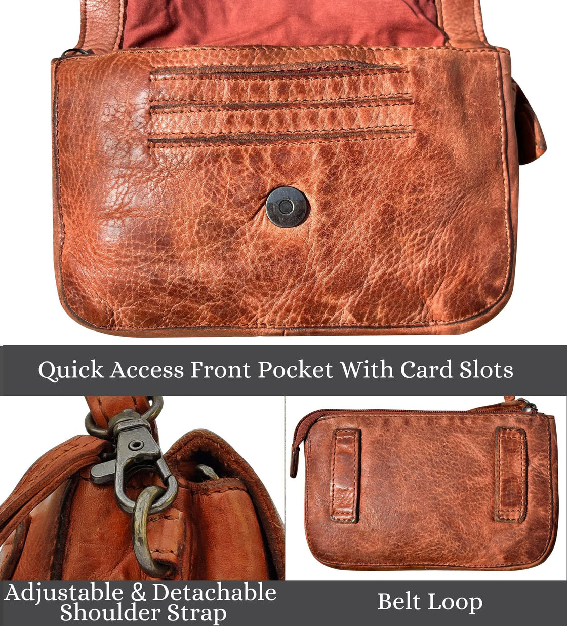 Leather Wallet Travel Purse Waist Bag for Women, Brick Red