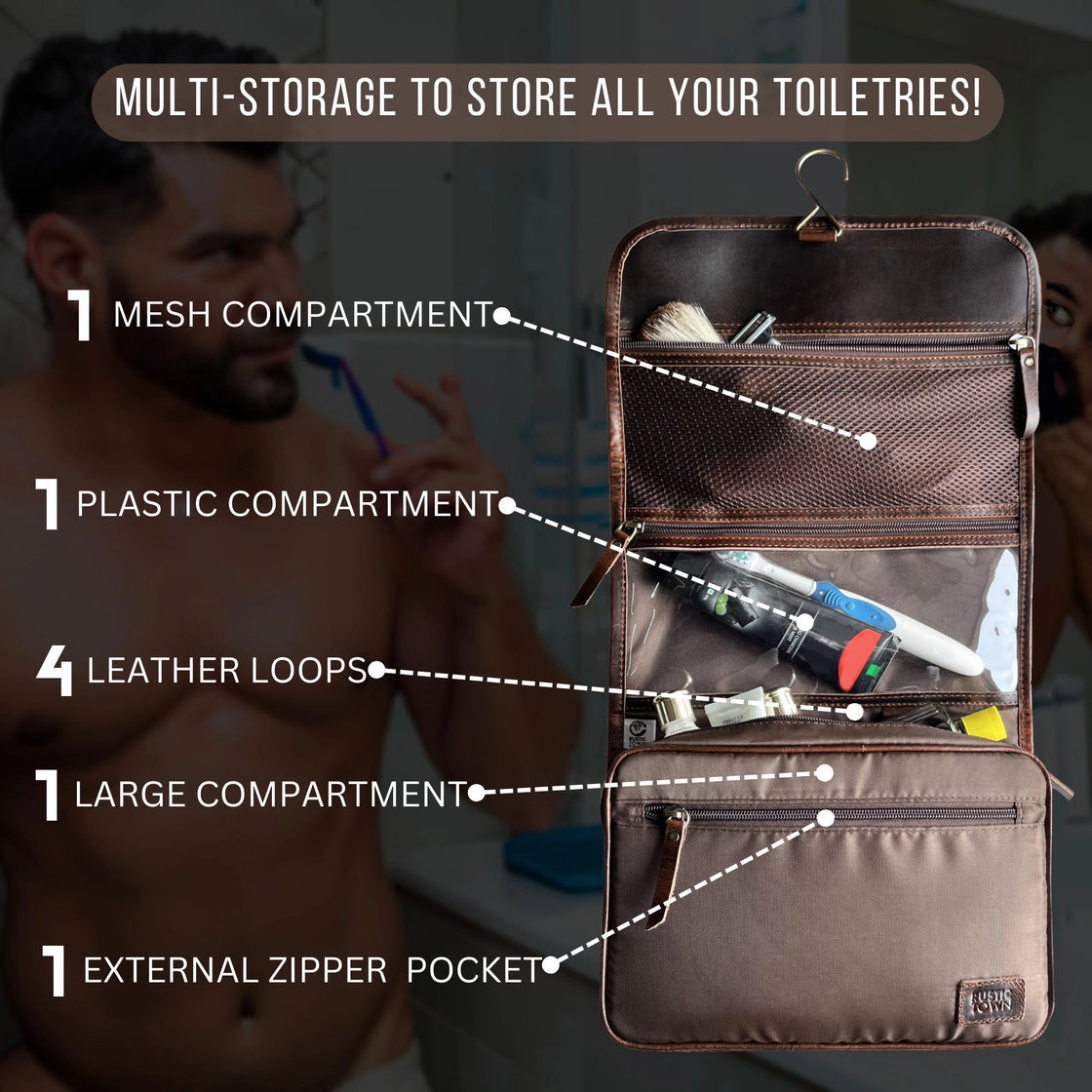 Finley Leather Hanging Toiletry Bag (Walnut Brown)