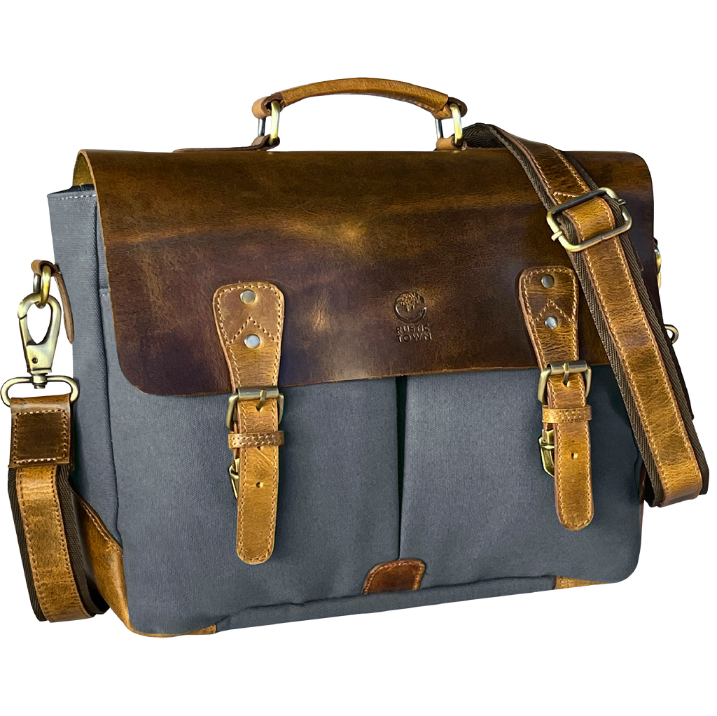 Rover Leather Canvas Messenger Bag Briefcase Laptop Bag (Dark Grey)