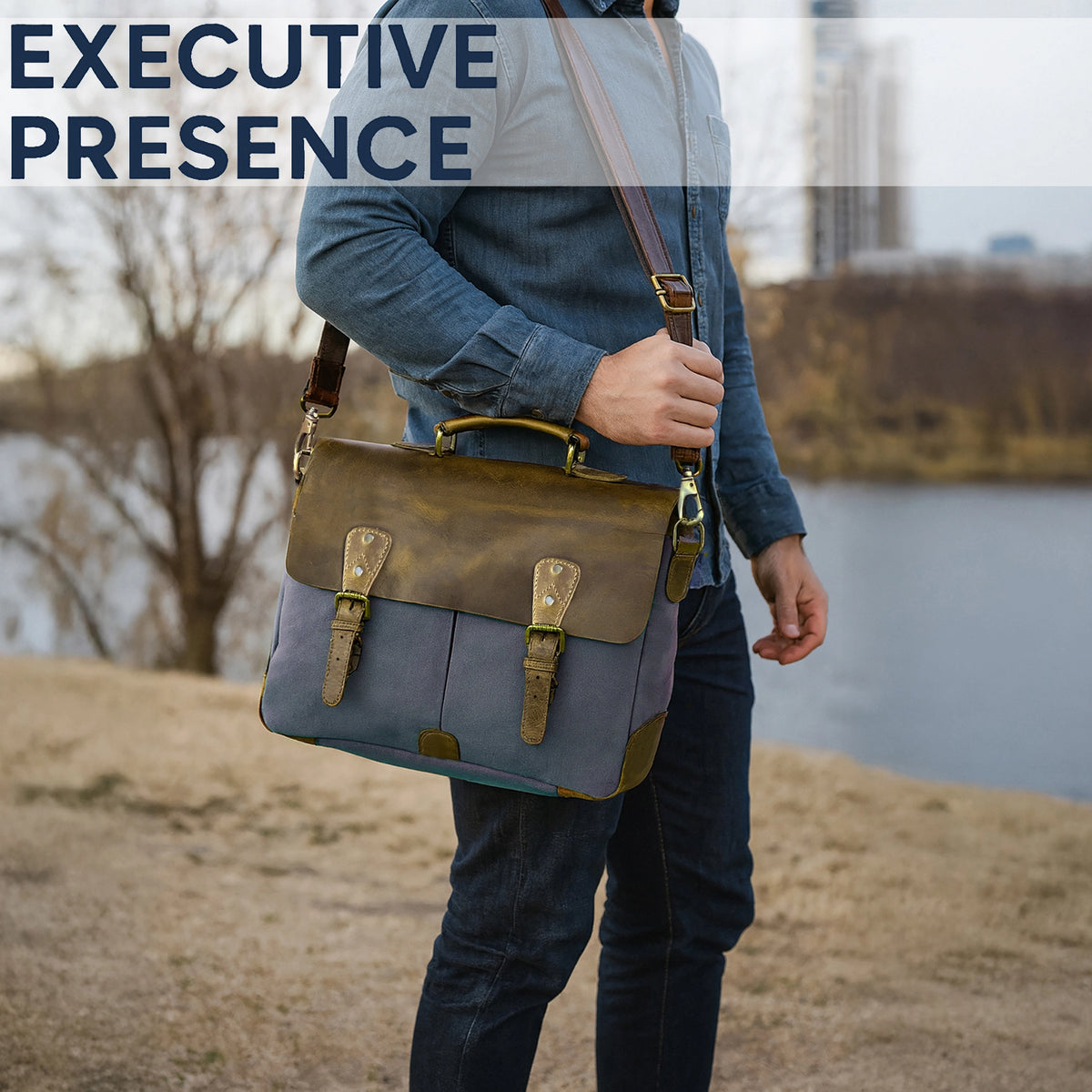 Rover Leather Canvas Messenger Bag Briefcase Laptop Bag (Dark Grey)