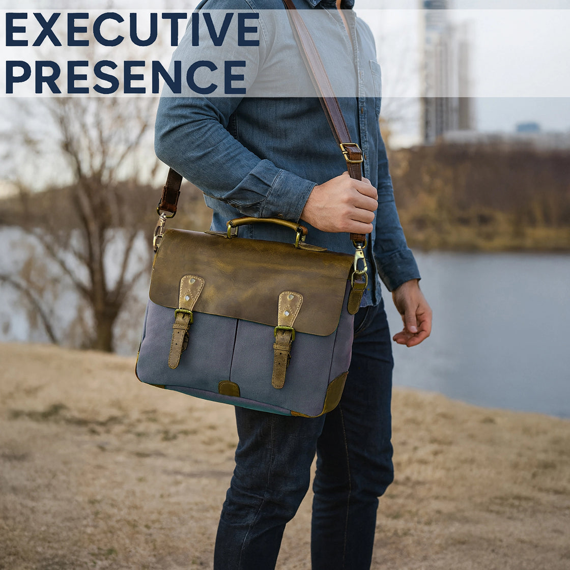 Rover Leather Canvas Messenger Bag Briefcase Laptop Bag (Dark Grey)