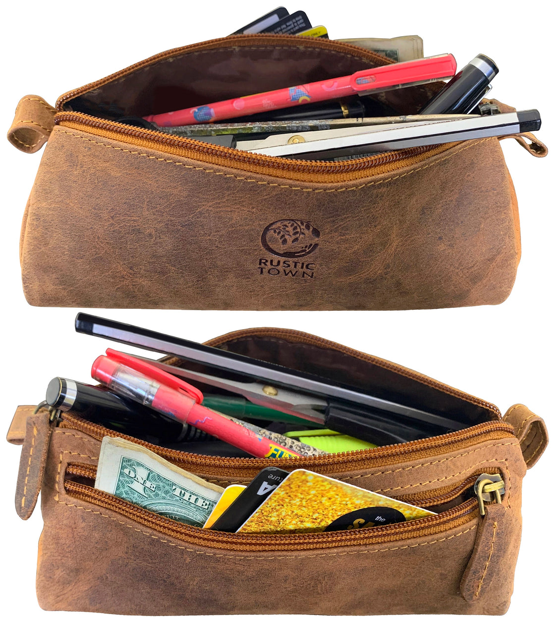 Tom Leather Pencil Case - Zippered Pen Pouch (Brown)