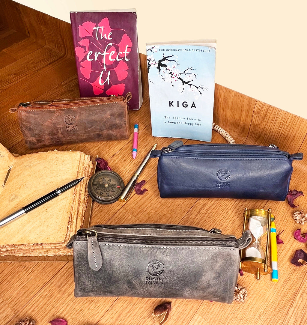 Tom Leather Pencil Case - Zippered Pen Pouch (Brown)