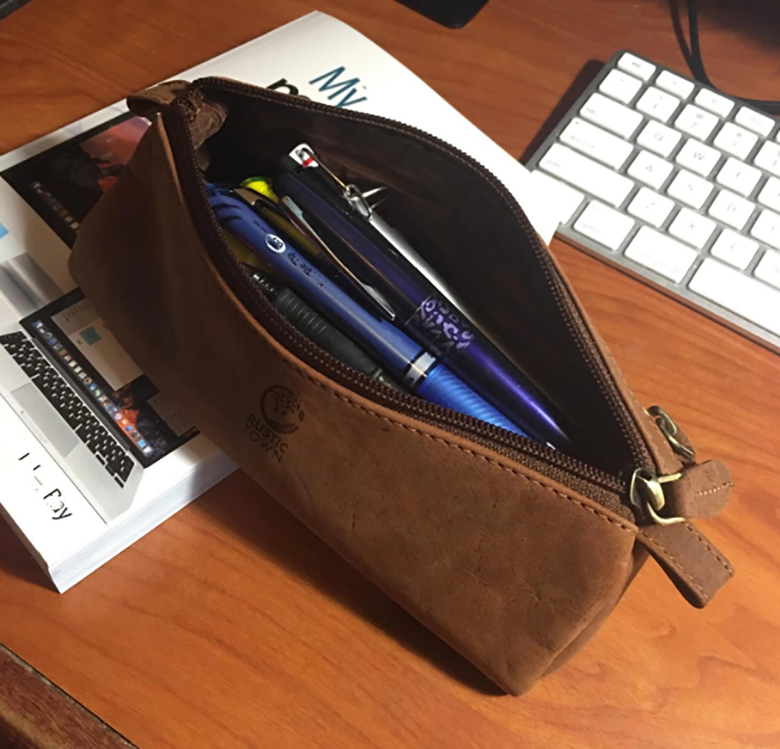 Tom Leather Pencil Case - Zippered Pen Pouch (Brown)
