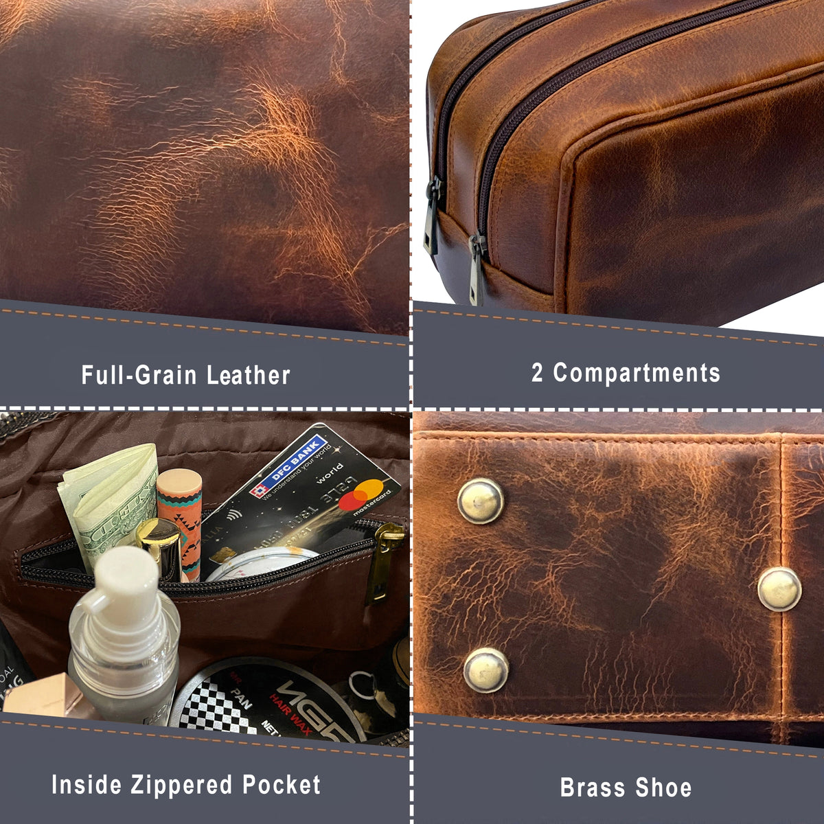 Johnny Leather Travel Toiletry Bag for Men (Antique Brown)