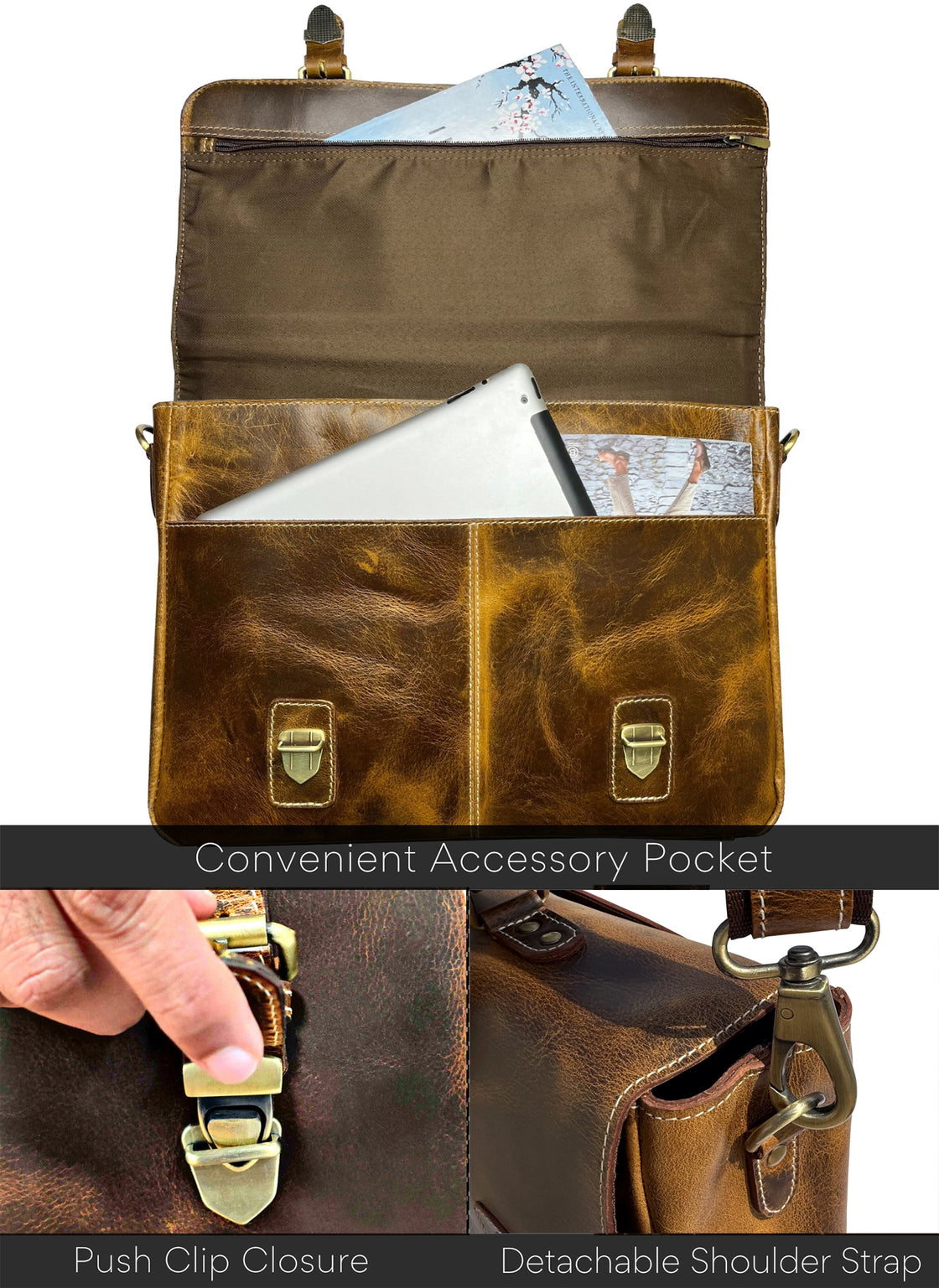 Predator 16" Leather Briefcase Laptop Messenger Bag (Antique Brown)6