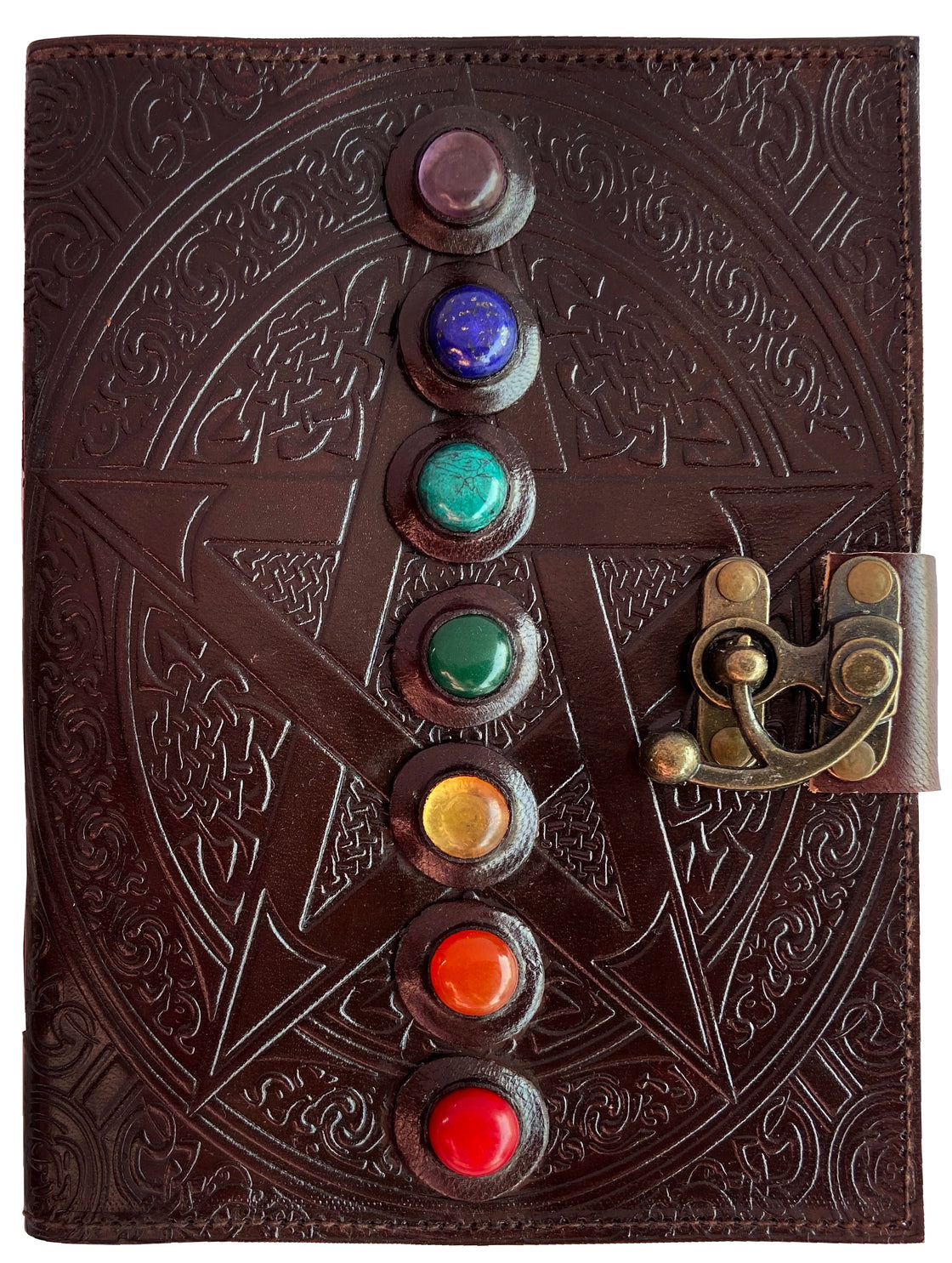 Leather Bound Journal - Vintage 7 Stone Journal with Lock - Book of Shadow Handmade Antique Deckle Edge Paper