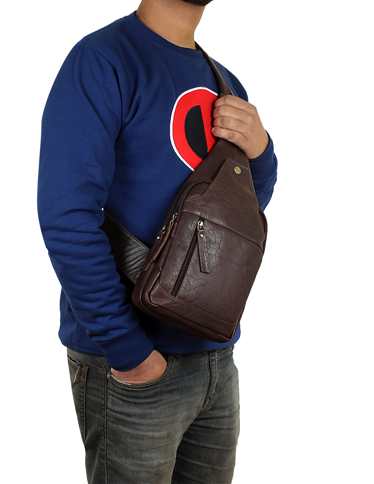 Leather Sling Bag, Chest Shoulder Backpack for Men Women (Dark Brown)