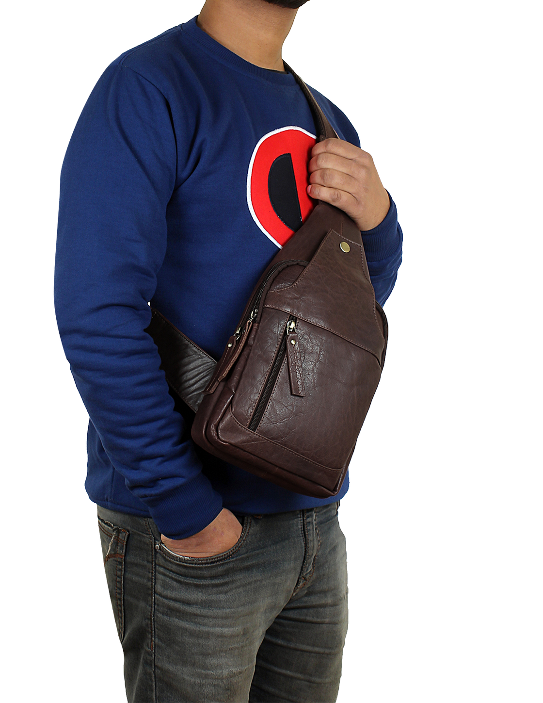 Leather Sling Bag, Chest Shoulder Backpack for Men Women (Dark Brown)