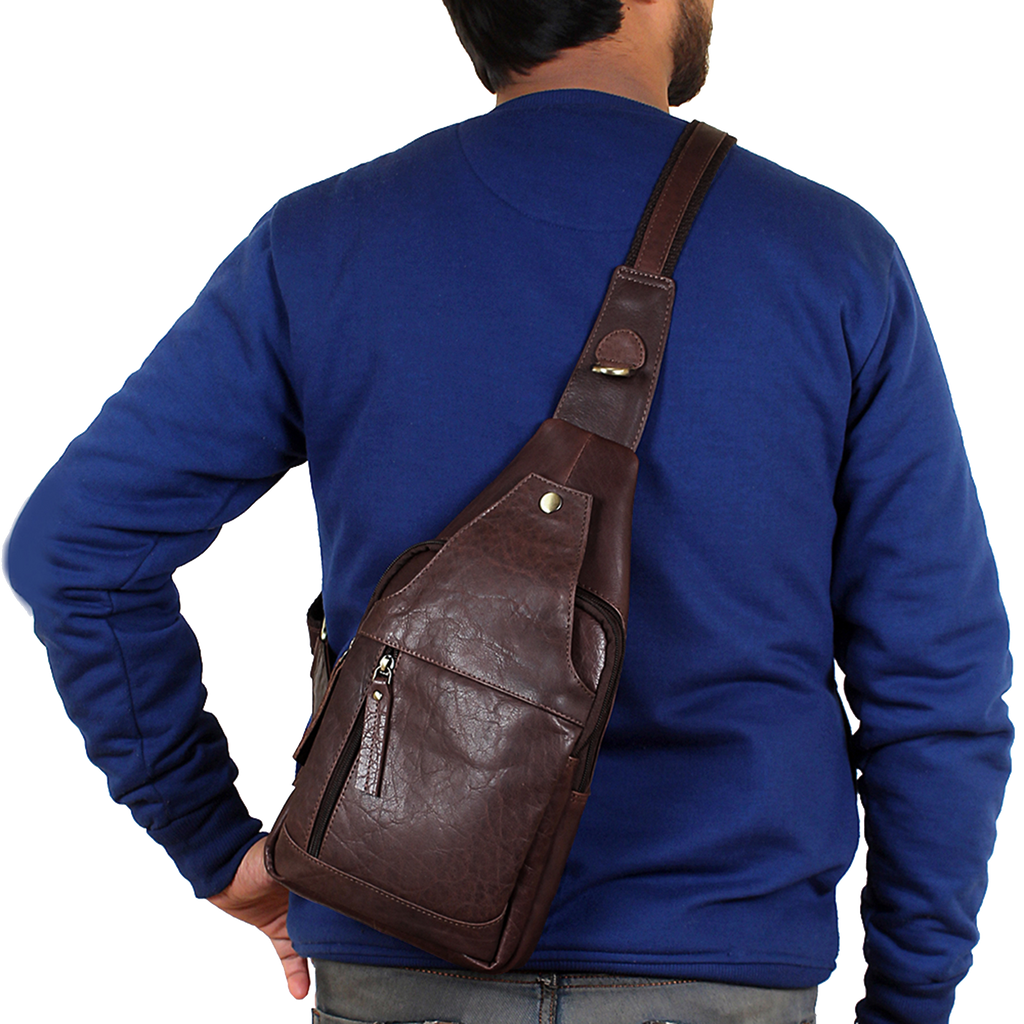 Leather Sling Bag, Chest Shoulder Backpack for Men Women (Dark Brown)