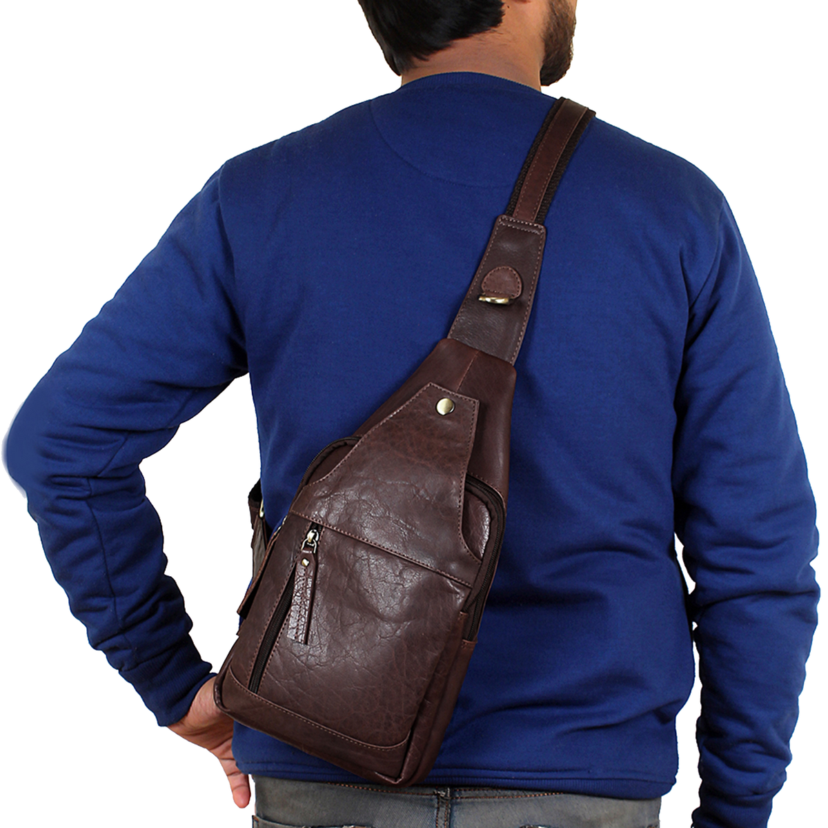 Leather Sling Bag, Chest Shoulder Backpack for Men Women (Dark Brown)