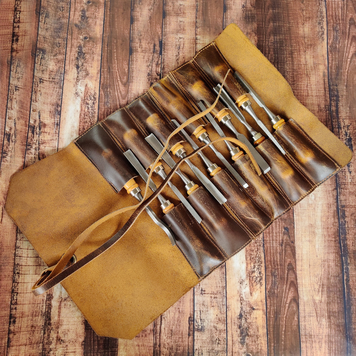 Genuine Leather Tool Roll Up Pouch- Handcrafted Tool Kit (12 Slots)