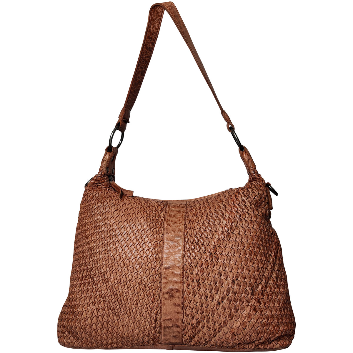 Leather Hand-Woven Tote Shoulder Bag for Women, Cognac