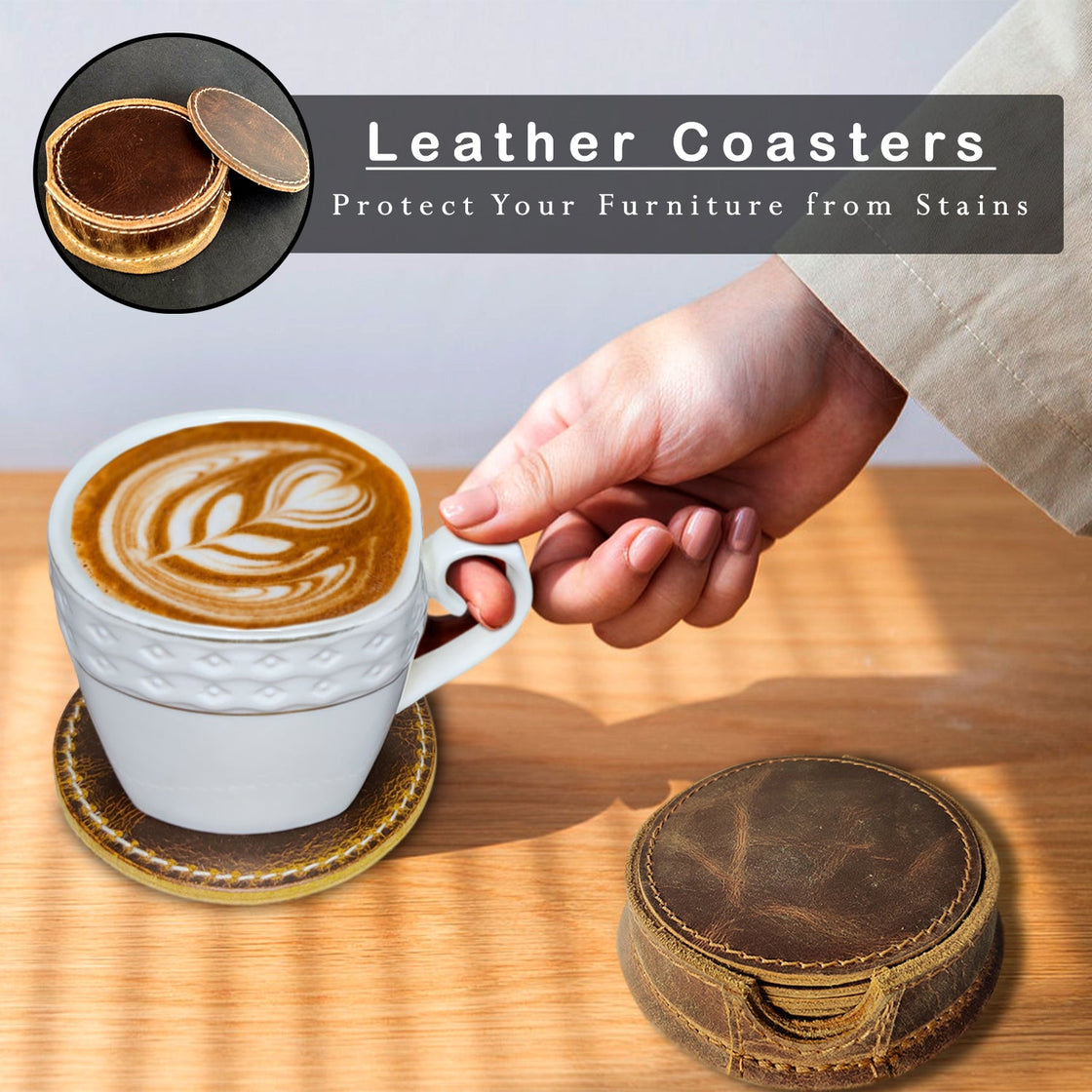 Leather Coasters For Drinks - Cup Coasters Coffee Table Kitchen Table Bar, Home & Office Gifts Handmade Drink Coasters