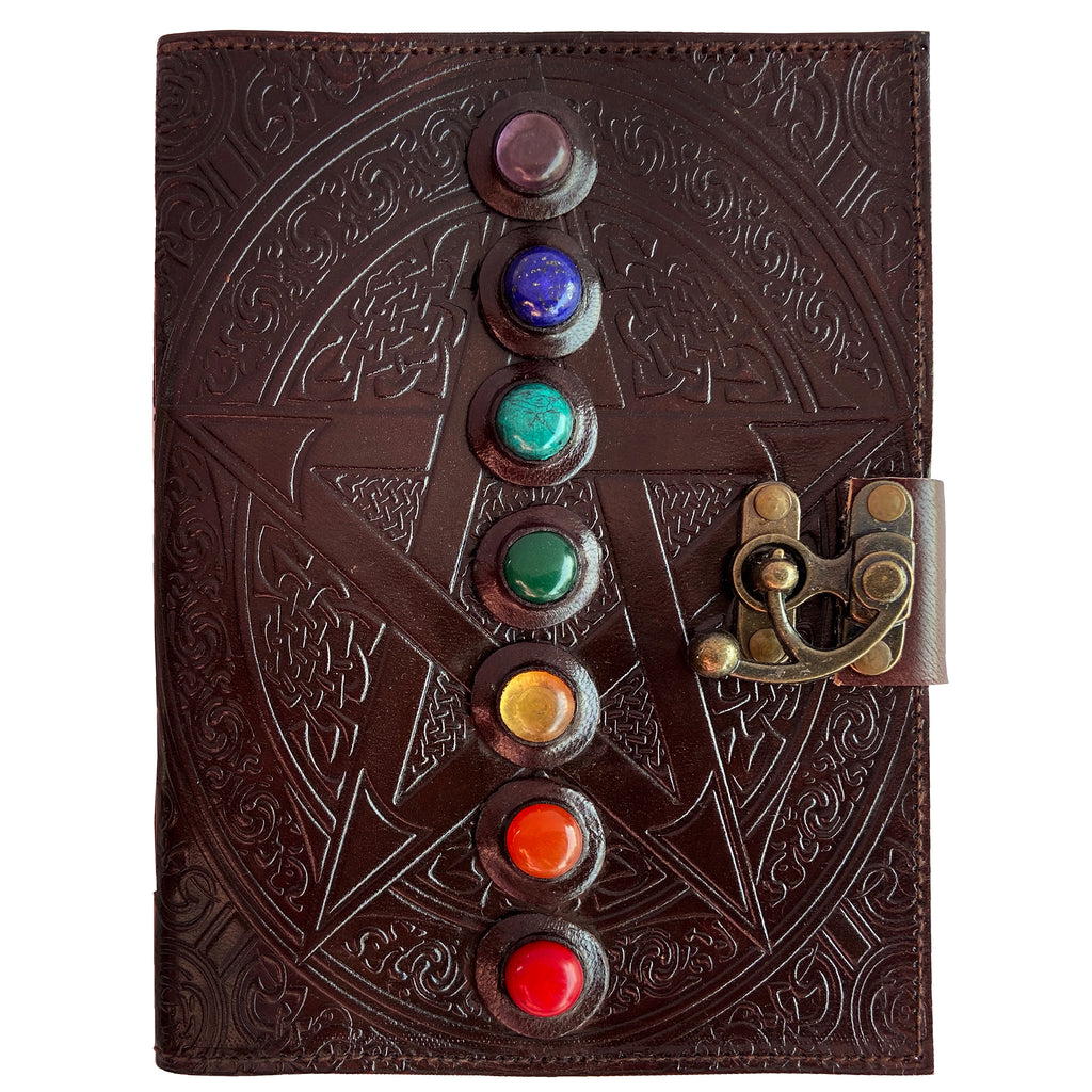 Leather Bound Journal - Vintage 7 Stone Journal with Lock - Book of Shadow by Rustic Town