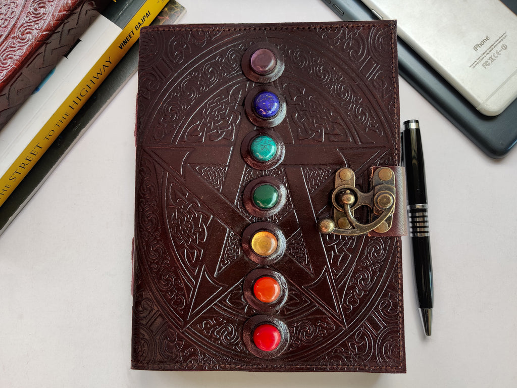 Leather Bound Journal - Vintage 7 Stone Journal with Lock - Book of Shadow by Rustic Town