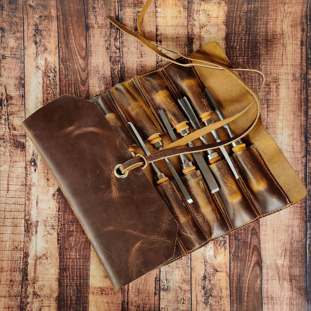 Genuine Leather Tool Roll Up Pouch- Handcrafted Tool Kit (12 Slots)