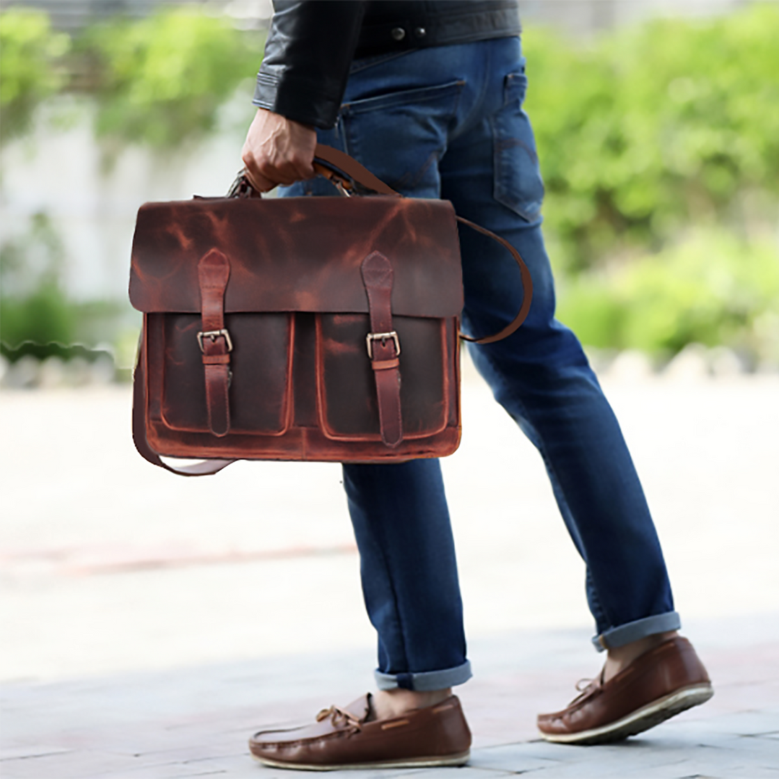 15 Inch Buffalo Leather Laptop Messenger Briefcase Bag (Mulberry)