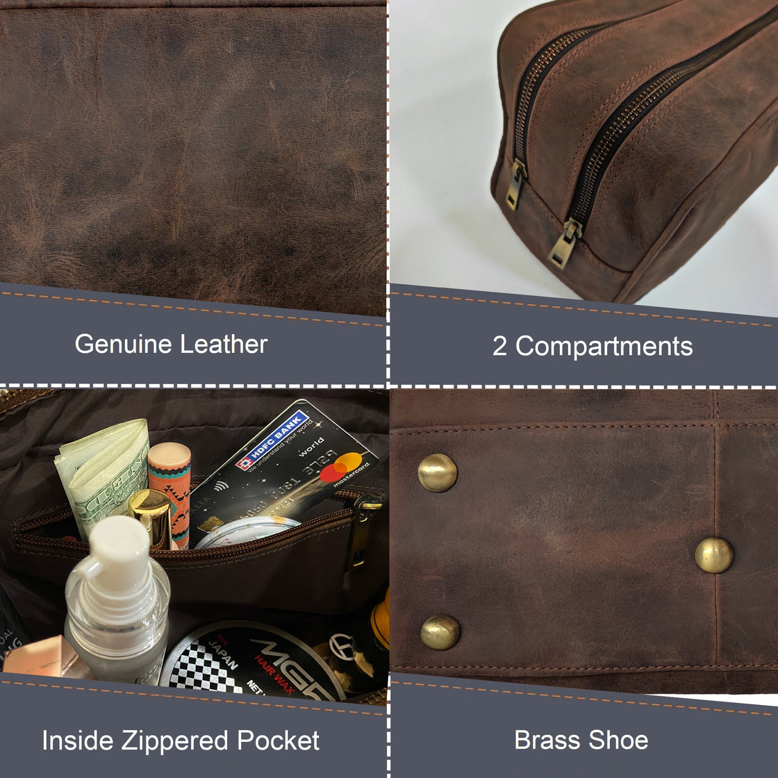 Johnny Men's Leather Travel Dopp Kit (Dark  Brown)