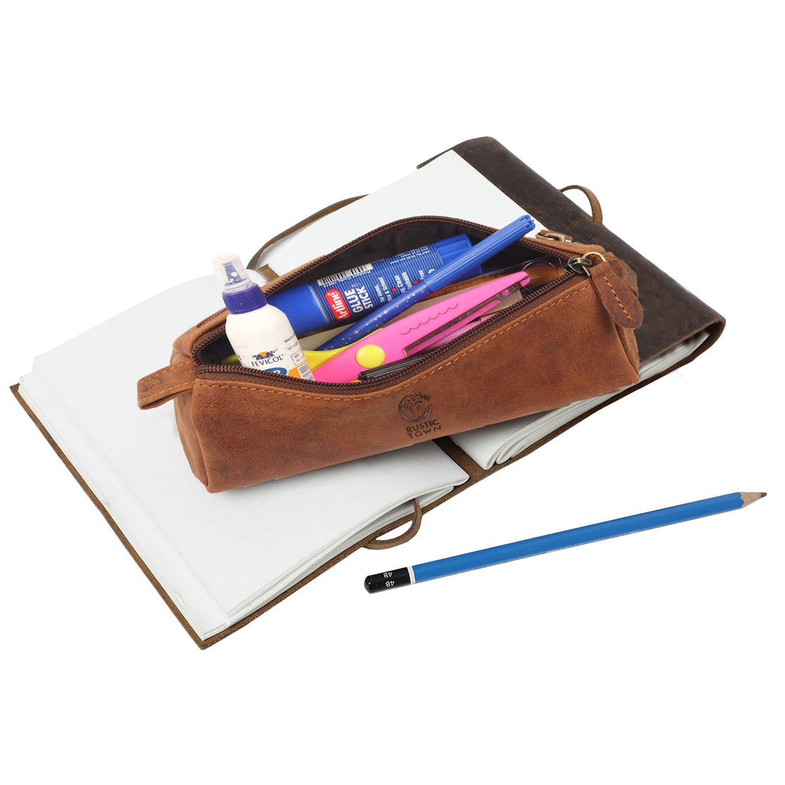 Tom Leather Pencil Case - Zippered Pen Pouch (Brown)
