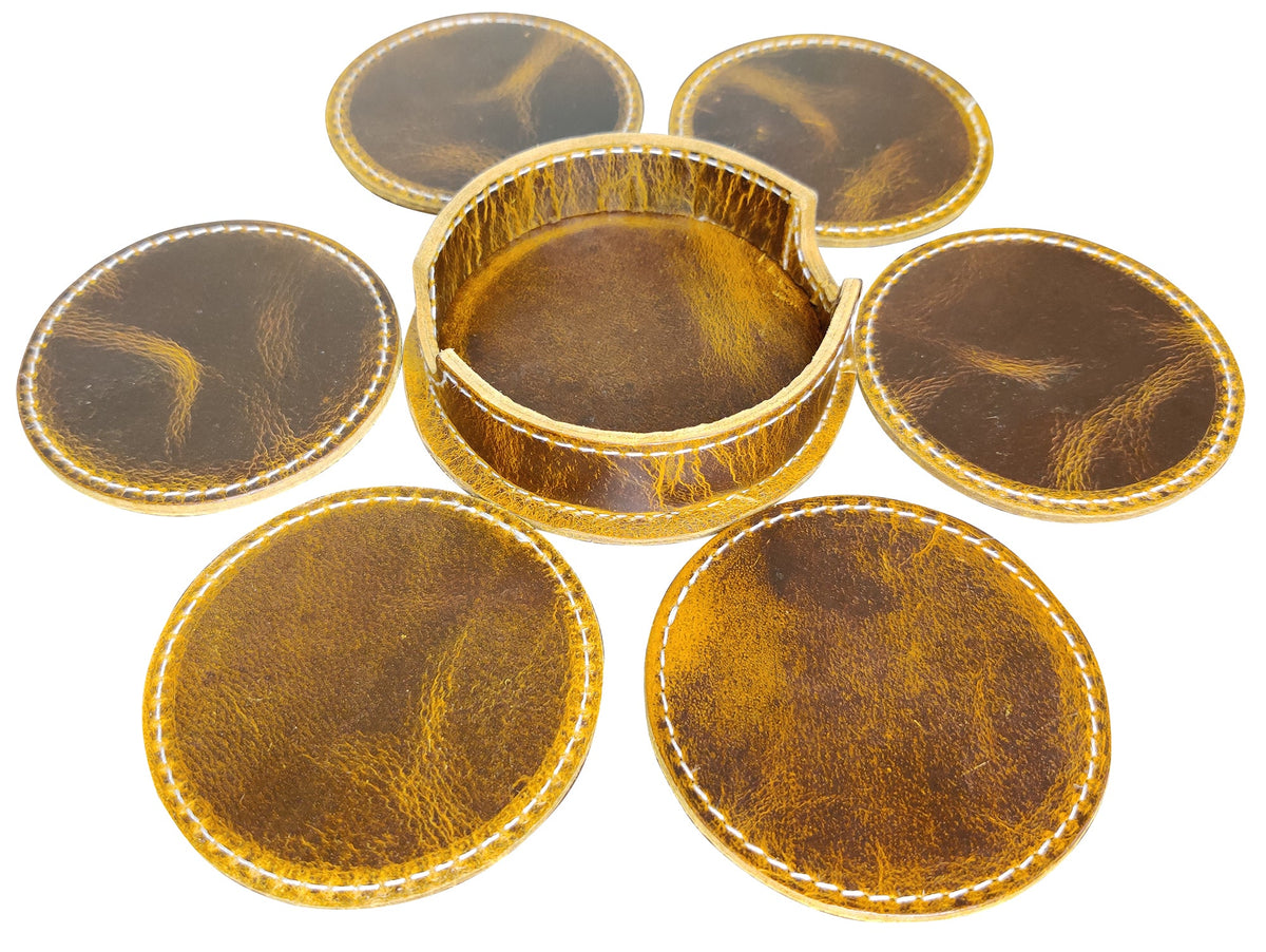 Leather Coasters For Drinks - Cup Coasters Coffee Table Kitchen Table Bar, Home & Office Gifts Handmade Drink Coasters