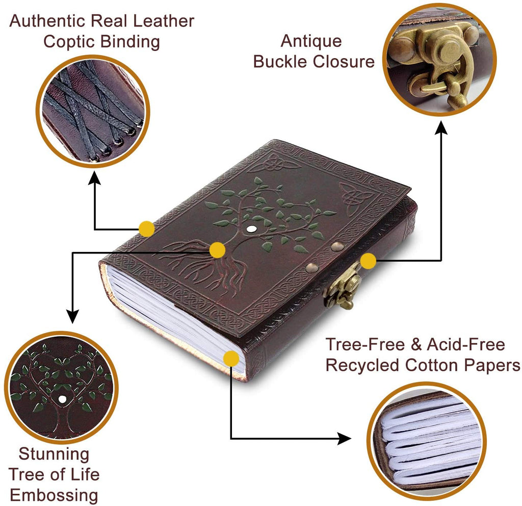 Hand Painted Sacred Tree of Life Leather Journal Travel Diary Notebook