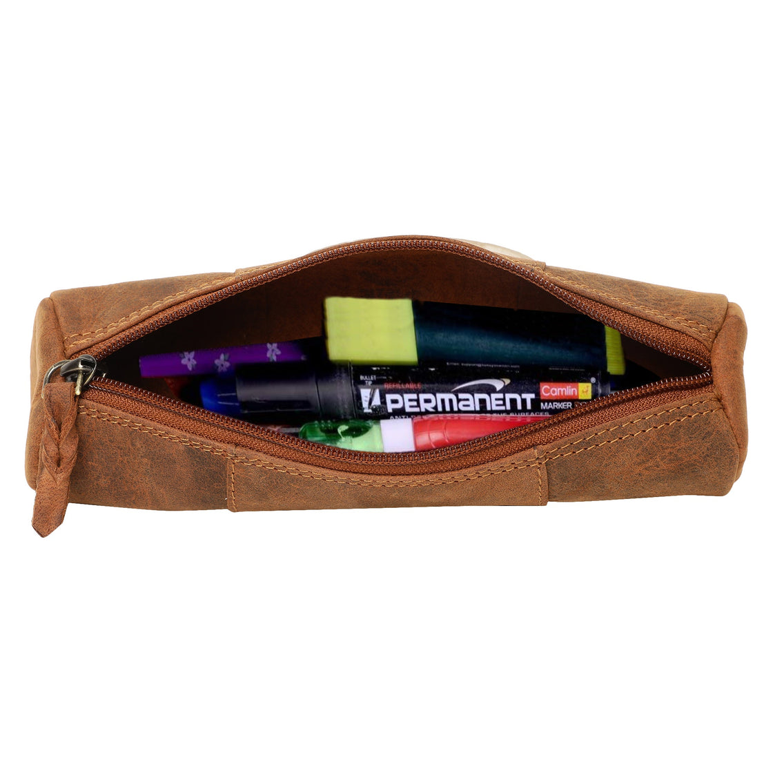 Winnie Leather Zipper Pen Pencil Case (Brown)