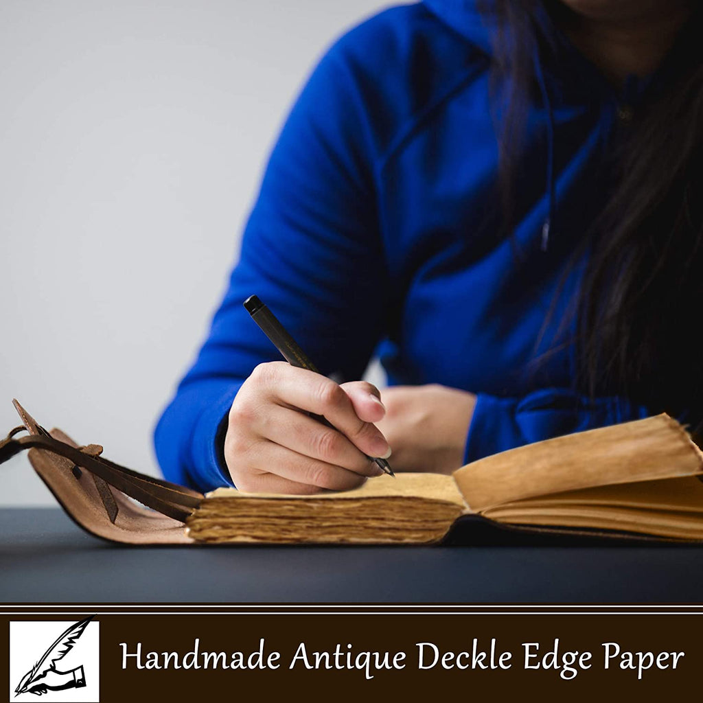 Leather Bound Journal - A5 Handmade Antique Deckle Edge Paper, Rustic Yellow