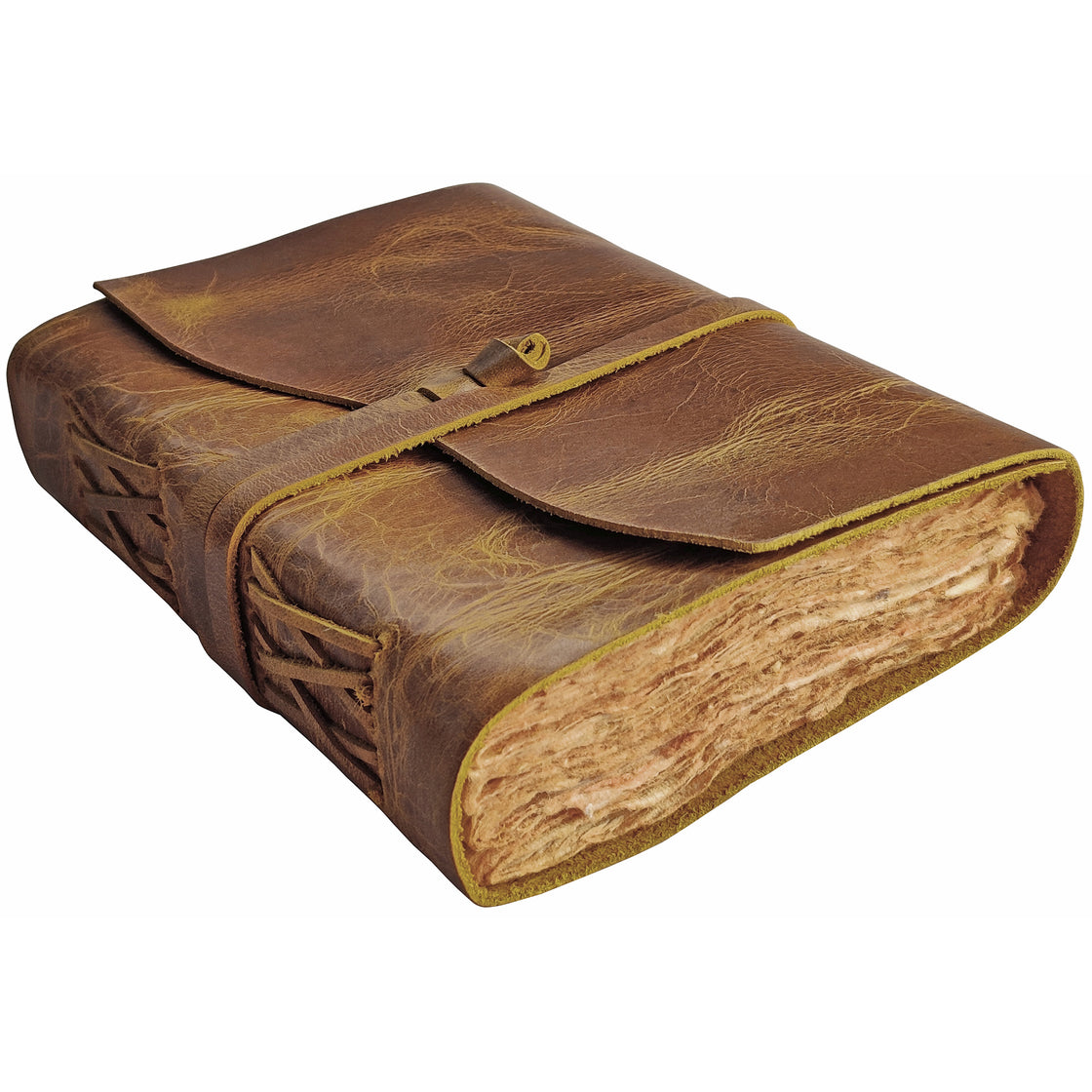 Leather Bound Journal - A5 Handmade Antique Deckle Edge Paper, Rustic Yellow